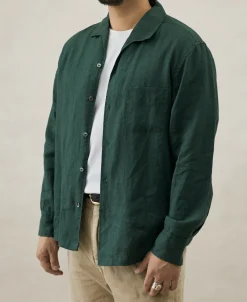 New 1950s Italian Collar Long-Sleeve Linen Shirt - Dark Green Long Sleeve Shirts | Shirts