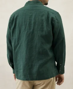 New 1950s Italian Collar Long-Sleeve Linen Shirt - Dark Green Long Sleeve Shirts | Shirts