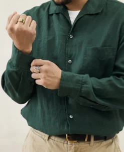 New 1950s Italian Collar Long-Sleeve Linen Shirt - Dark Green Long Sleeve Shirts | Shirts