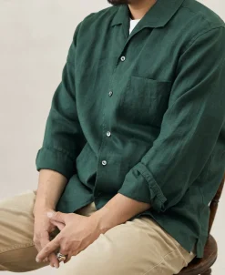 New 1950s Italian Collar Long-Sleeve Linen Shirt - Dark Green Long Sleeve Shirts | Shirts