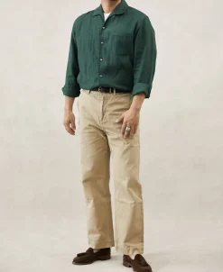 New 1950s Italian Collar Long-Sleeve Linen Shirt - Dark Green Long Sleeve Shirts | Shirts