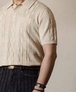 Discount 1960s Jacquard Slub Cotton Polo Shirt - Cream Polo Shirts | Short Sleeve T-Shirts
