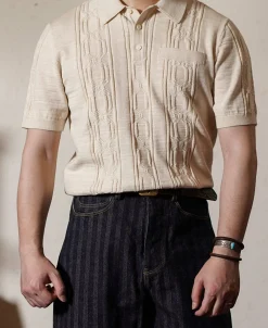 Discount 1960s Jacquard Slub Cotton Polo Shirt - Cream Polo Shirts | Short Sleeve T-Shirts