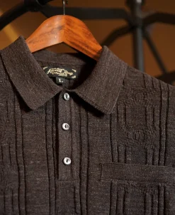 Clearance 1960s Jacquard Slub Cotton Polo Shirt - Coffee Polo Shirts | Short Sleeve T-Shirts