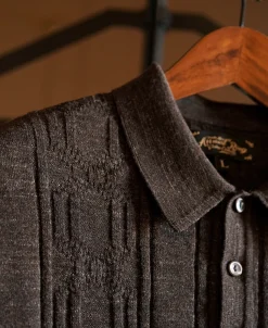 Clearance 1960s Jacquard Slub Cotton Polo Shirt - Coffee Polo Shirts | Short Sleeve T-Shirts