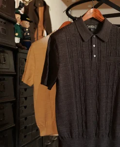 Clearance 1960s Jacquard Slub Cotton Polo Shirt - Coffee Polo Shirts | Short Sleeve T-Shirts