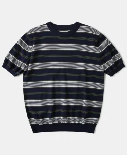 Discount 1950s Lyocell Stripe Knit T-Shirt - Navy Knitwear&sweaters | Short Sleeve T-Shirts