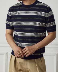 Discount 1950s Lyocell Stripe Knit T-Shirt - Navy Knitwear&sweaters | Short Sleeve T-Shirts