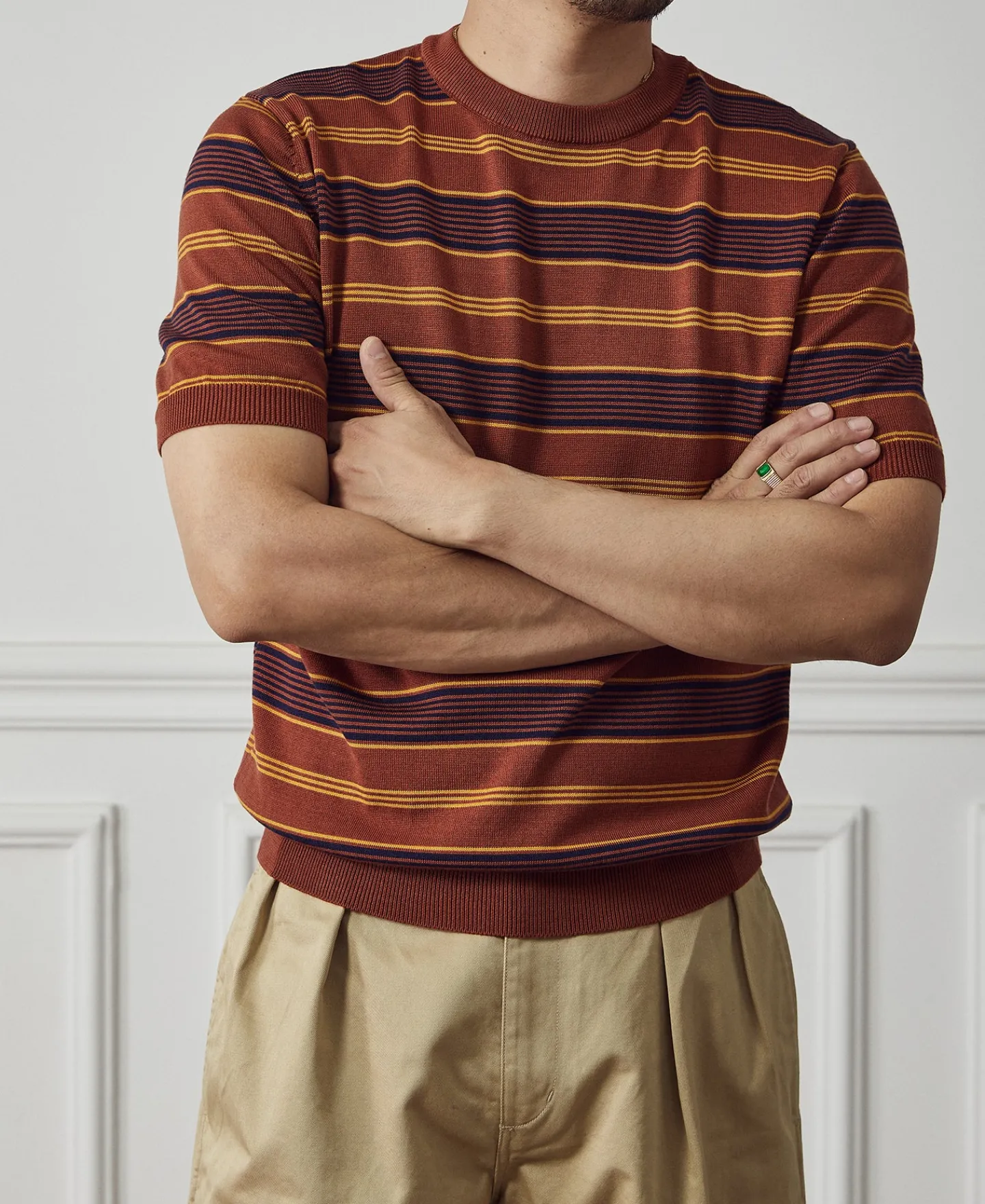 Sale 1950s Lyocell Stripe Knit T-Shirt - Brown Knitwear&sweaters | Short Sleeve T-Shirts