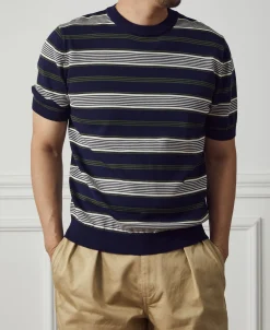 Discount 1950s Lyocell Stripe Knit T-Shirt - Navy Knitwear&sweaters | Short Sleeve T-Shirts