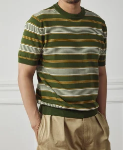 Clearance 1950s Lyocell Stripe Knit T-Shirt - Green Knitwear&sweaters | Short Sleeve T-Shirts