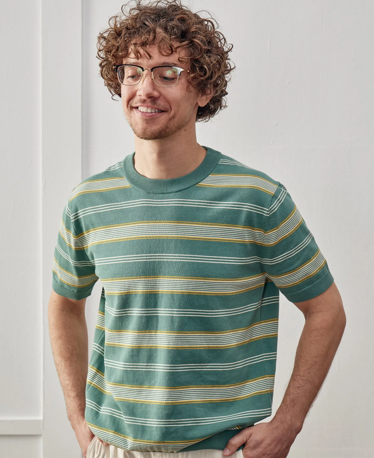 Fashion 1950s Ribbed Striped Knit T-Shirt - Green Knitwear&sweaters | Short Sleeve T-Shirts