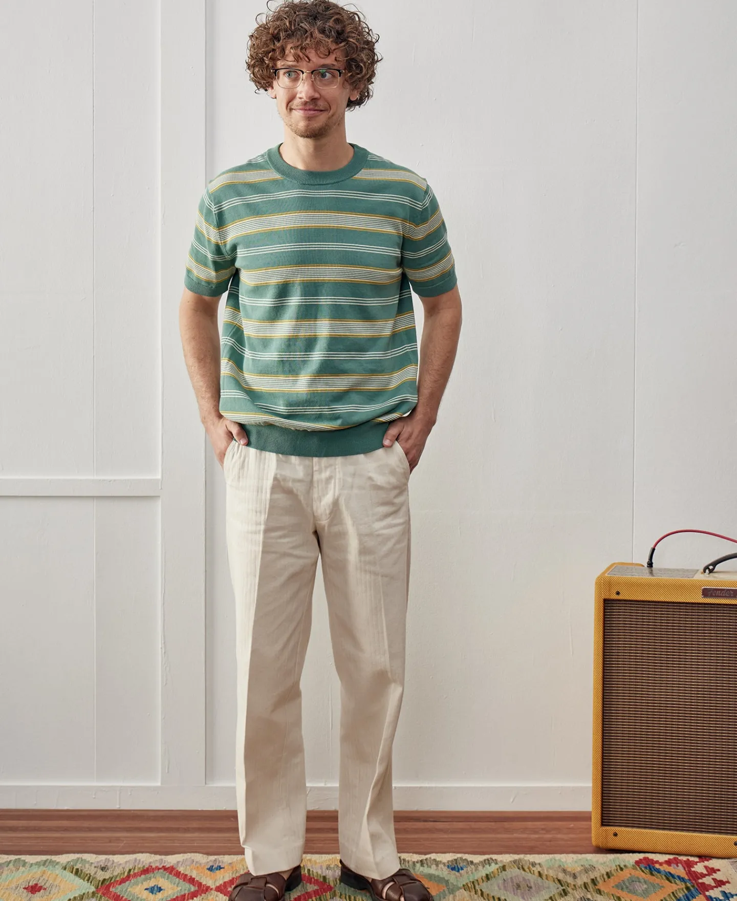 Fashion 1950s Ribbed Striped Knit T-Shirt - Green Knitwear&sweaters | Short Sleeve T-Shirts