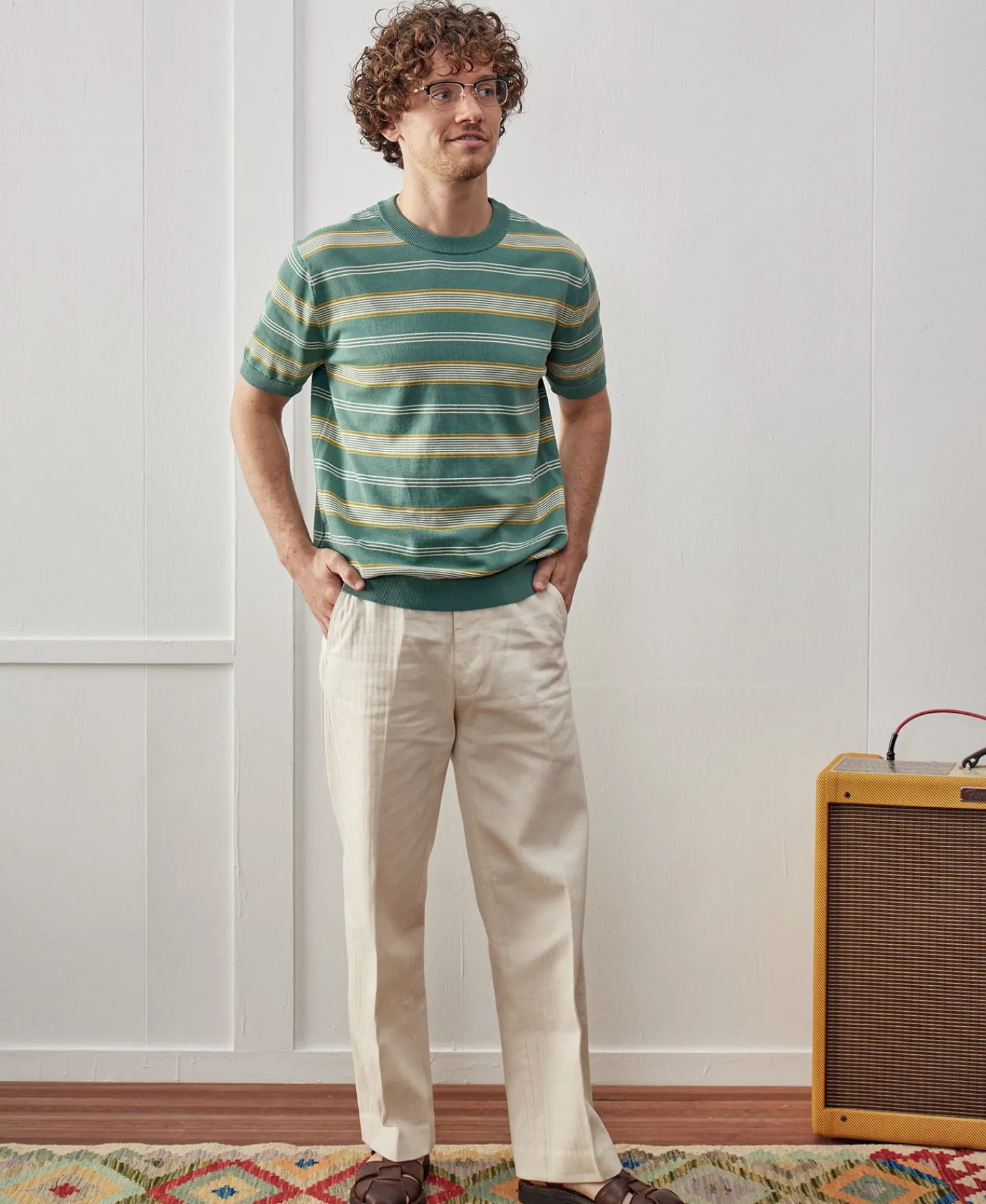 Fashion 1950s Ribbed Striped Knit T-Shirt - Green Knitwear&sweaters | Short Sleeve T-Shirts