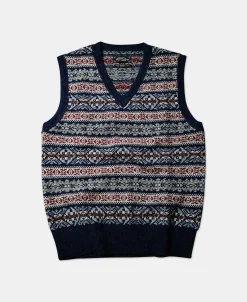 Hot Shetland Wool Fair Isle Sweater Vest - Navy Waistcoats | Knitwear&sweaters