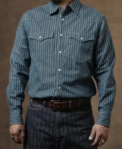 Sale Slim Fit Wabash Striped Indigo Western Shirt Long Sleeve Shirts | Shirts