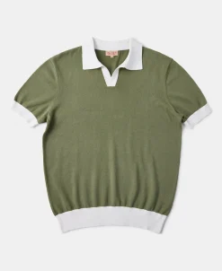 Fashion Two-Tone Johnny Collar Cotton Polo Shirt - White/Green Knitwear&sweaters | Polo Shirts