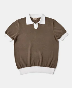 Hot Two-Tone Johnny Collar Cotton Polo Shirt - White/Brown Knitwear&sweaters | Polo Shirts