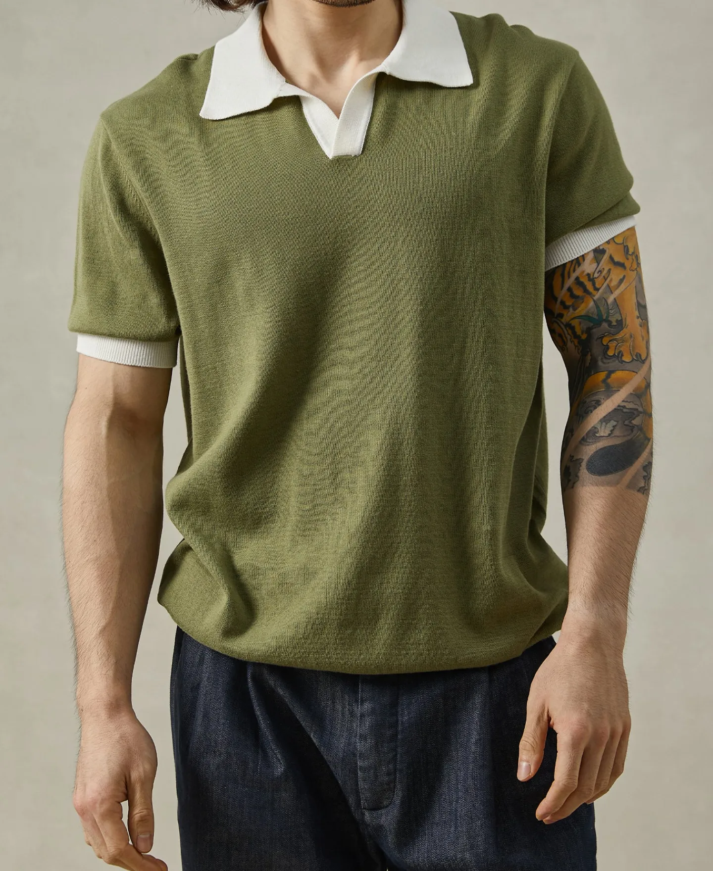 Fashion Two-Tone Johnny Collar Cotton Polo Shirt - White/Green Knitwear&sweaters | Polo Shirts