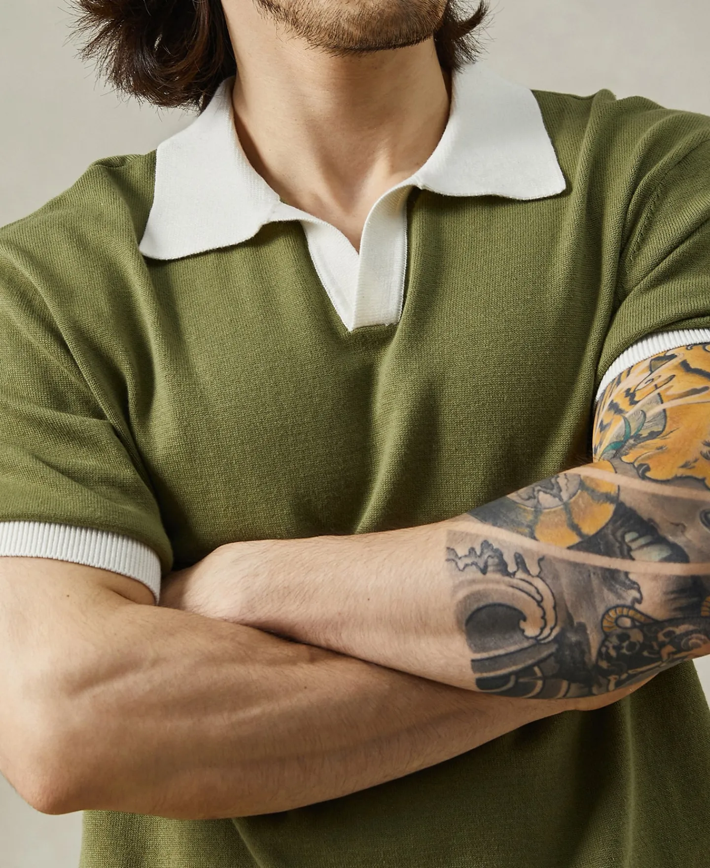 Fashion Two-Tone Johnny Collar Cotton Polo Shirt - White/Green Knitwear&sweaters | Polo Shirts