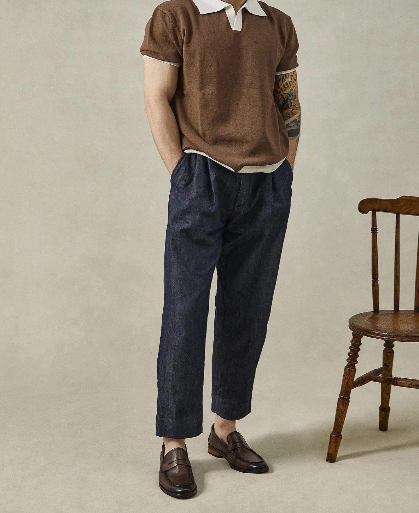 Hot Two-Tone Johnny Collar Cotton Polo Shirt - White/Brown Knitwear&sweaters | Polo Shirts