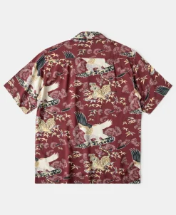 Hot Ukiyo-e Tiger & Crane Pattern Aloha Shirt - Wine Red Short Sleeve Shirts | Shirts