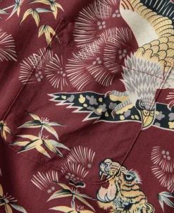 Hot Ukiyo-e Tiger & Crane Pattern Aloha Shirt - Wine Red Short Sleeve Shirts | Shirts