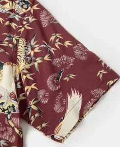 Hot Ukiyo-e Tiger & Crane Pattern Aloha Shirt - Wine Red Short Sleeve Shirts | Shirts