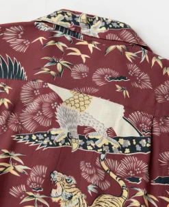 Hot Ukiyo-e Tiger & Crane Pattern Aloha Shirt - Wine Red Short Sleeve Shirts | Shirts