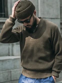 Sale USAAF Type A-1 V-neck Mechanics Sweater - Olive Knitwear&sweaters