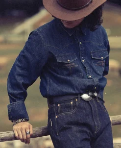 Outlet Western Snap Button Washed Denim Shirt Long Sleeve Shirts | Shirts