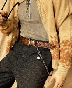 New Western Tooled Leather Belt - Brown Belts