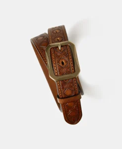 New Western Tooled Leather Belt - Brown Belts